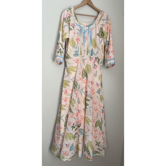 Vintage 60s 70s Maxi Dress L Garden Wedding Peach Floral Retro Hand Made Sewn‎ - Picture 1 of 16